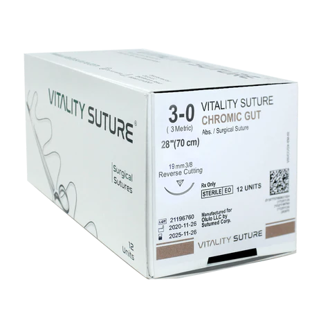 Chromic Gut Suture 3-0, 28" Thread with 16mm, 3/8 Reverse Cutting Needle. Brown. - Vitality™(Box of 12)