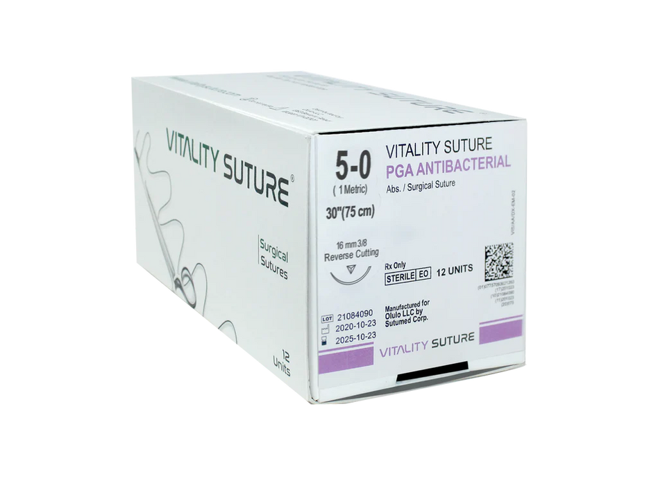 Vitality™ 5-0 PGA ANTIBACTERIAL Sutures 30" 18mm 3/8 Reverse Cutting - Global Dental Shop